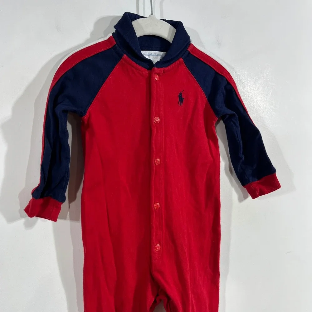 Ralph Lauren Baby Boys Red Navy Blue Colorblock Footed Sleeper Romper 9M Cotton